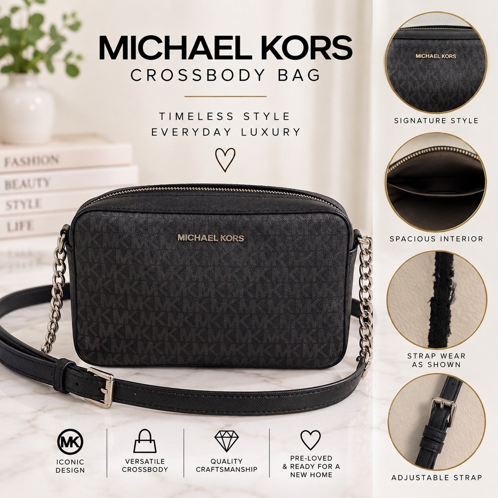 Michael Kors Jet Set East West Crossbody Bag Black Signature Logo Silver Tone